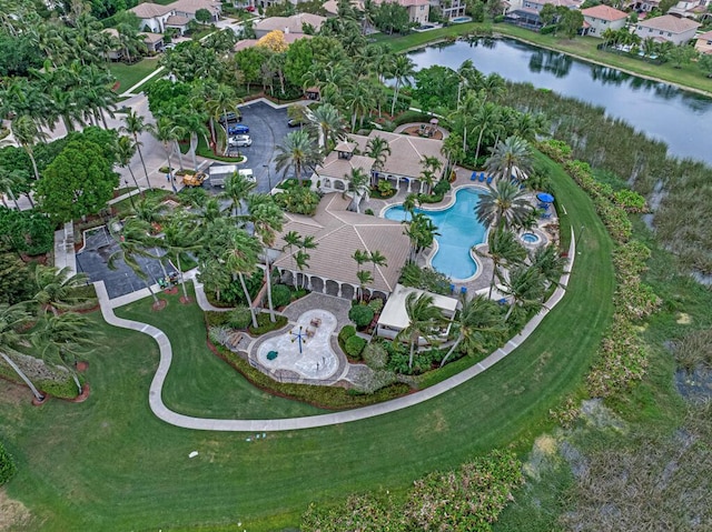 aerial view featuring a water view and a residential view