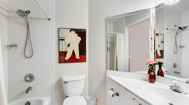 full bathroom with toilet, vanity, and shower / tub combo with curtain