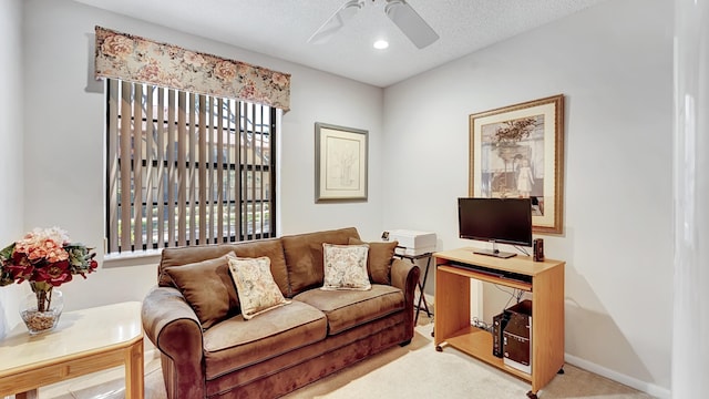 carpeted living room featuring recessed lighting and a ceiling fan