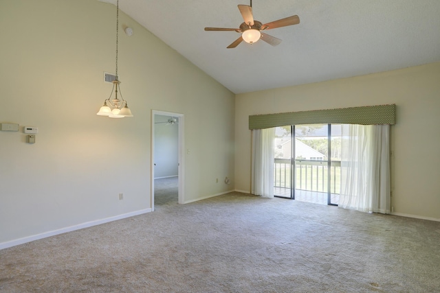 carpeted spare room featuring high vaulted ceiling, baseboards, and ceiling fan