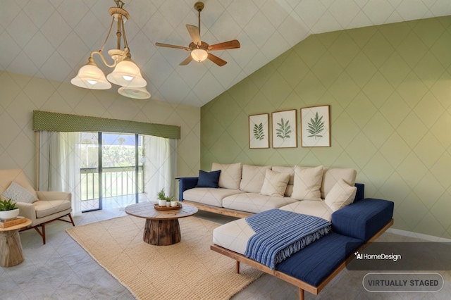 living room featuring light tile patterned floors, a ceiling fan, and vaulted ceiling