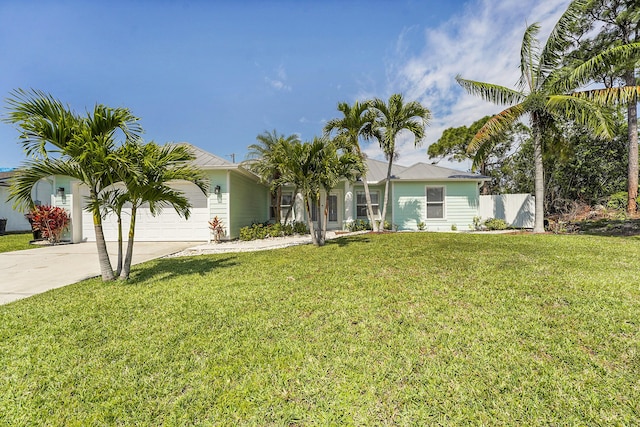 ranch-style house with an attached garage, concrete driveway, a front yard, and fence