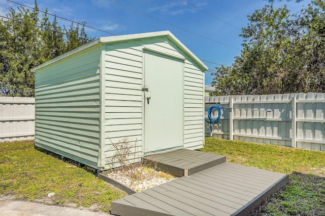 view of shed featuring a fenced backyard