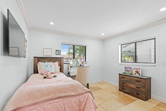 bedroom with baseboards, ornamental molding, stone tile flooring, and recessed lighting