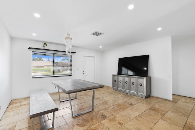 game room featuring stone tile floors, visible vents, and recessed lighting