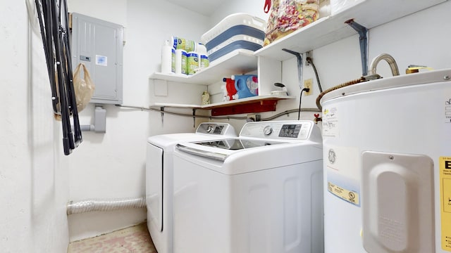 laundry area featuring washer and dryer, electric water heater, laundry area, and electric panel