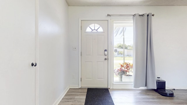 entryway with wood finished floors and baseboards