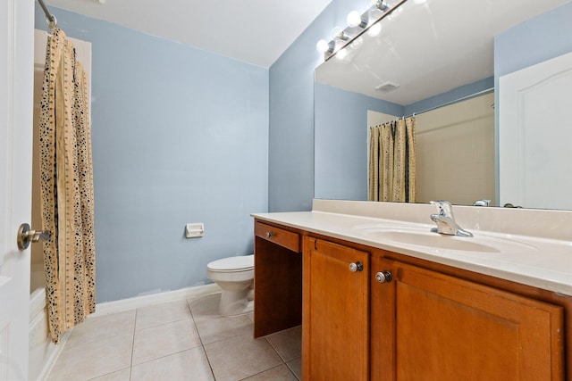 full bathroom featuring tile patterned floors, visible vents, toilet, baseboards, and vanity