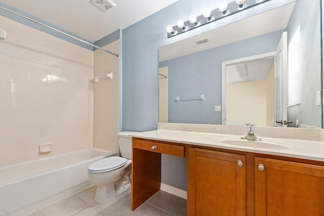 bathroom featuring tile patterned flooring, visible vents, toilet, and shower / bath combination