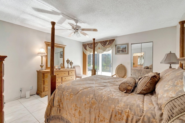 bedroom featuring access to exterior, light tile patterned floors, a textured ceiling, and ceiling fan