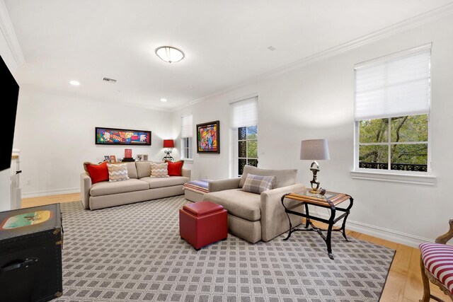 living area with crown molding, light wood-style floors, baseboards, and a wealth of natural light