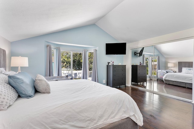 bedroom featuring vaulted ceiling, wood finished floors, a closet, and baseboards