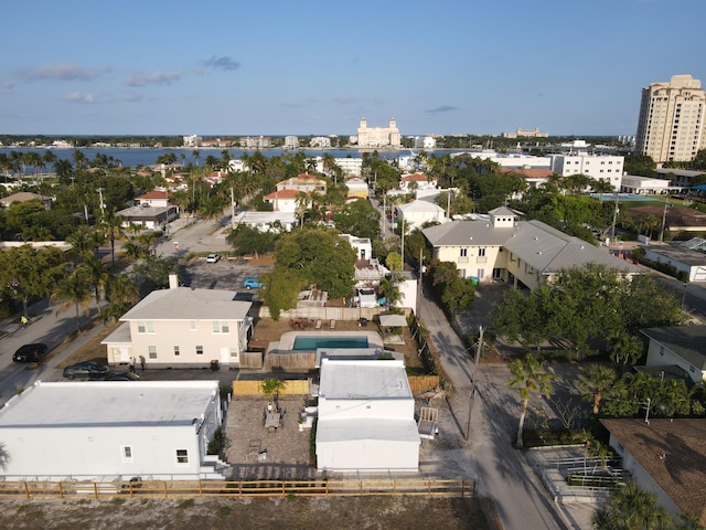 drone / aerial view with a water view