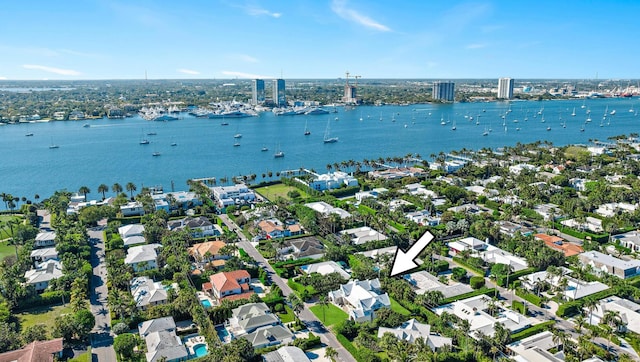 aerial view featuring a water view