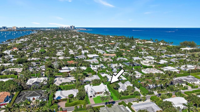 drone / aerial view featuring a water view