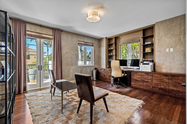 office featuring french doors, built in shelves, and dark wood-style floors