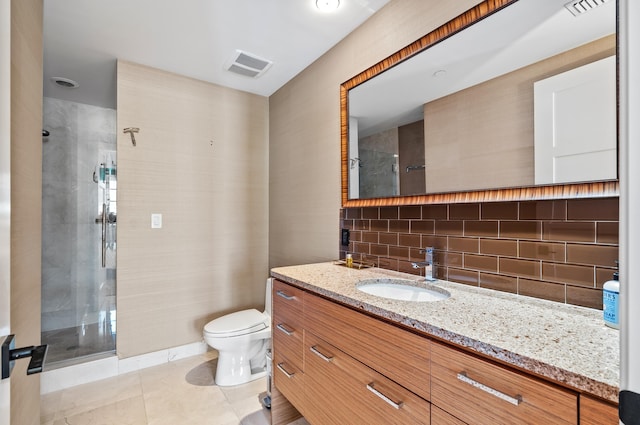 bathroom with visible vents, toilet, decorative backsplash, and a shower stall