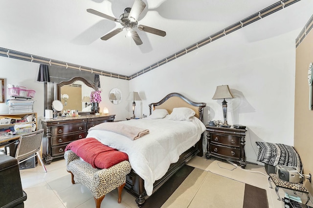 bedroom featuring light tile patterned floors and ceiling fan