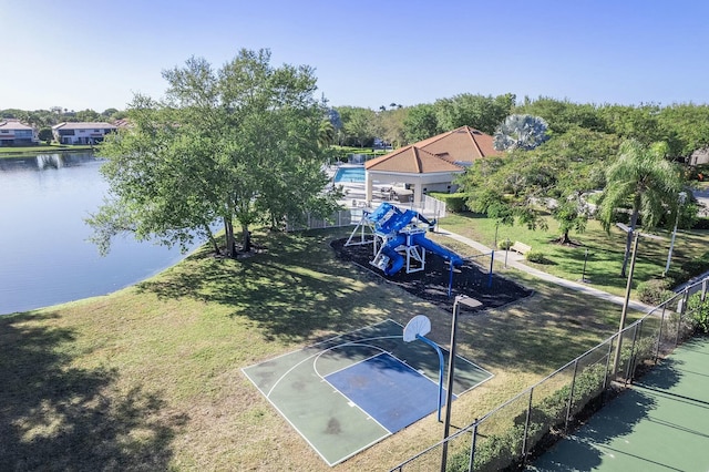 drone / aerial view featuring a water view