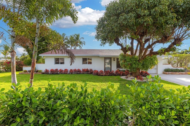 ranch-style home with stucco siding, concrete driveway, and a front lawn