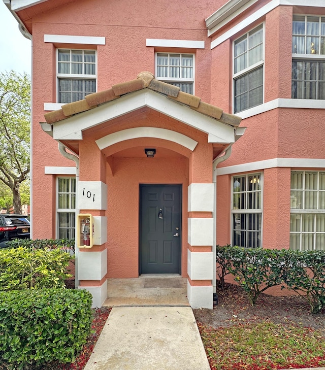 doorway to property featuring stucco siding