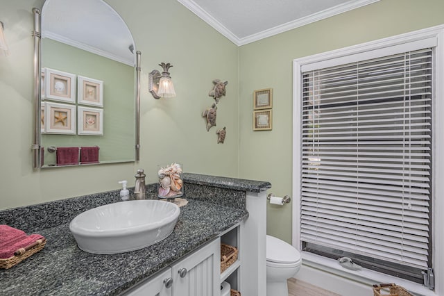 bathroom with vanity, toilet, and ornamental molding