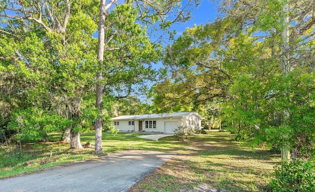 view of front facade with a front lawn, an attached garage, and driveway