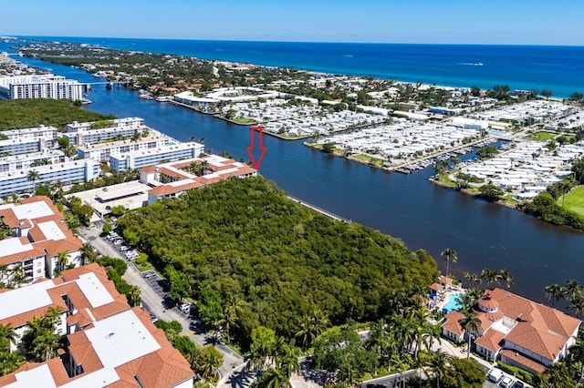 bird's eye view with a water view