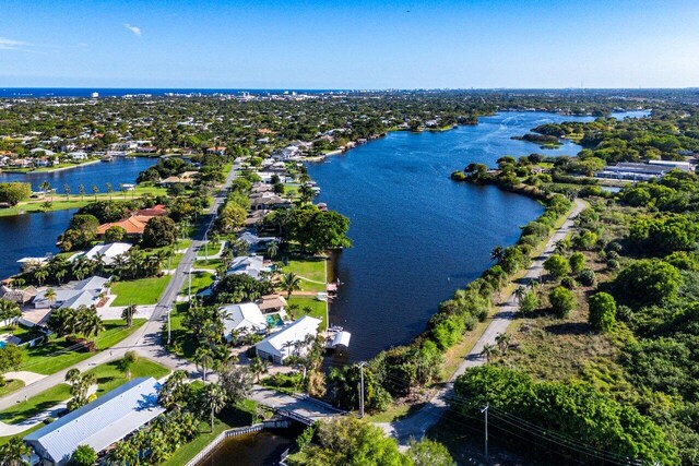 aerial view featuring a water view