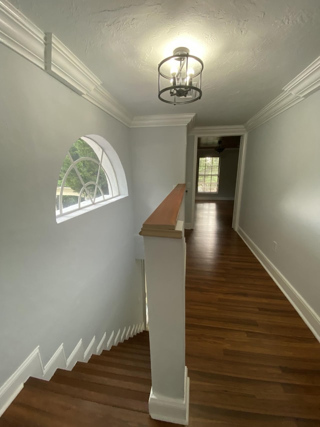 hall with wood finished floors, a notable chandelier, an upstairs landing, and ornamental molding