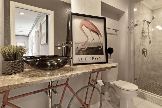 1351 SE 7th Ave, Pompano Beach, FL 33060 - bathroom featuring toilet, a shower stall, a sink, and crown molding