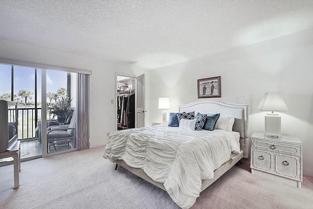 bedroom with access to exterior, a spacious closet, carpet, and a textured ceiling