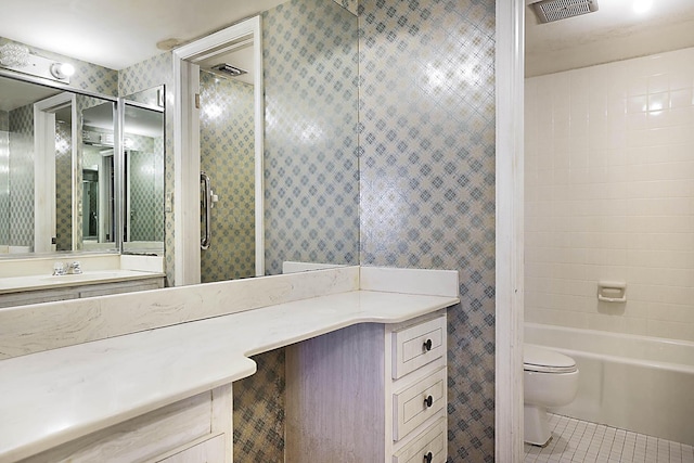 full bathroom featuring tile patterned floors, visible vents, toilet, and vanity