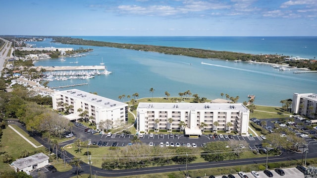 bird's eye view with a water view