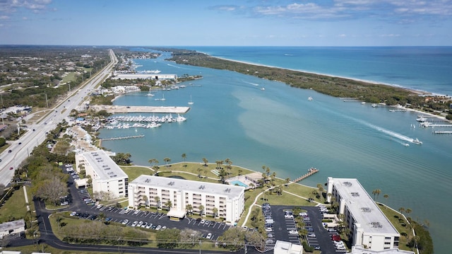 bird's eye view with a water view