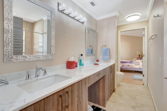 full bath featuring a sink, visible vents, toilet, and crown molding