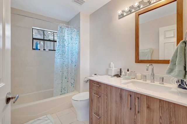 bathroom with tile patterned flooring, visible vents, toilet, shower / bath combo with shower curtain, and vanity