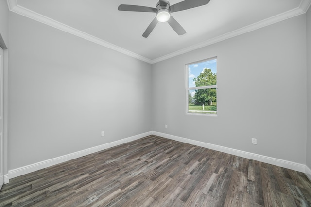 unfurnished room with ceiling fan, baseboards, dark wood finished floors, and crown molding