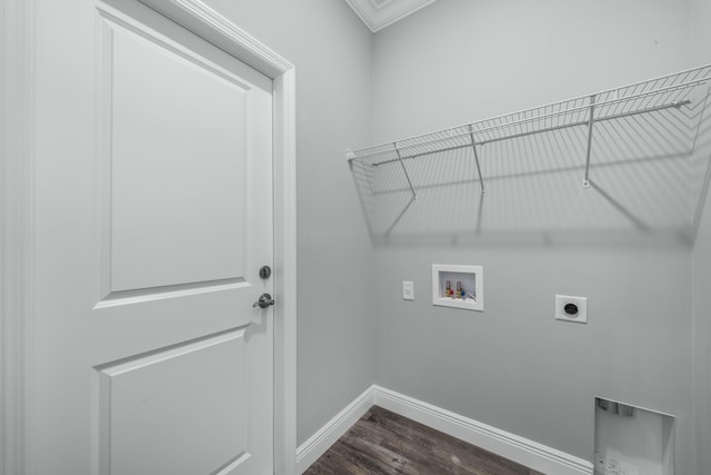 laundry room with baseboards, laundry area, hookup for a washing machine, hookup for an electric dryer, and dark wood-style flooring