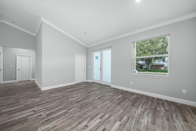 unfurnished living room featuring french doors, baseboards, and ornamental molding