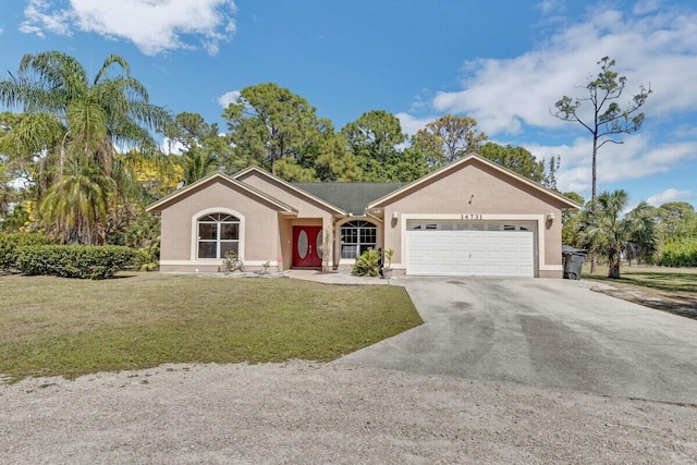 ranch-style house with stucco siding, driveway, a front lawn, and a garage