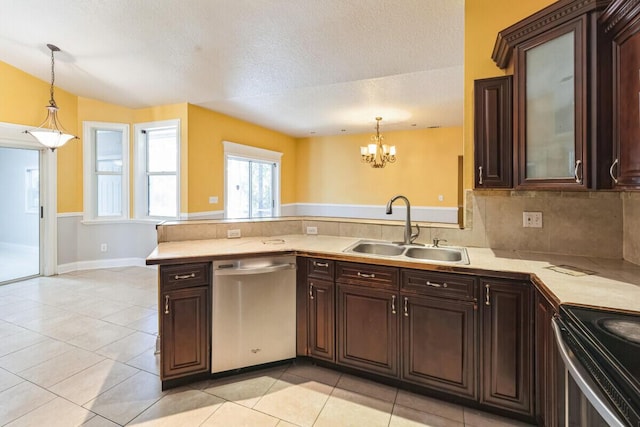 kitchen with a sink, a peninsula, light countertops, dark brown cabinets, and dishwasher