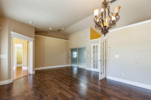 unfurnished room with french doors, lofted ceiling, baseboards, and dark wood-style flooring