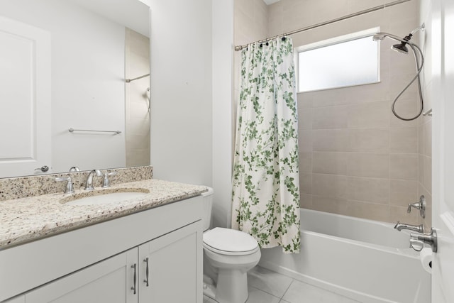 bathroom with vanity, tile patterned floors, toilet, and shower / bathtub combination with curtain