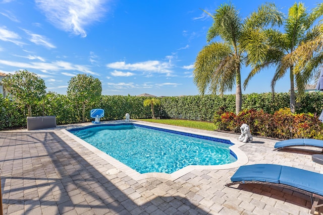 view of swimming pool with a patio and a fenced in pool