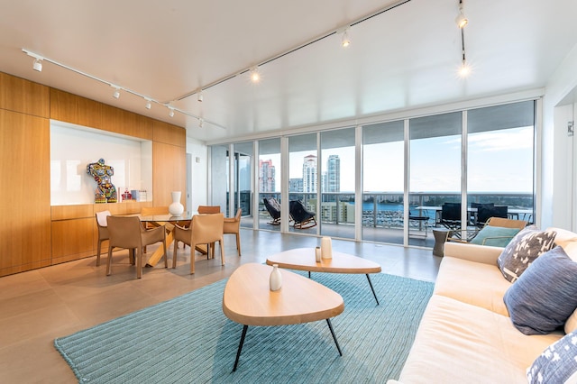 living area with a wealth of natural light, floor to ceiling windows, wood walls, and track lighting