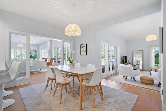 dining space featuring french doors, light wood-style floors, and a healthy amount of sunlight