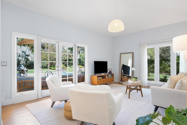 living room featuring light wood-style floors and french doors