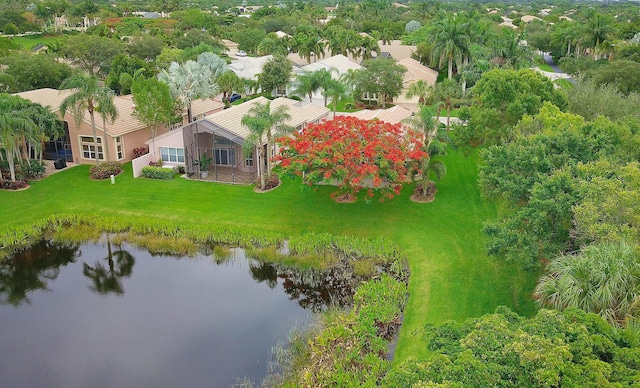 drone / aerial view featuring a water view