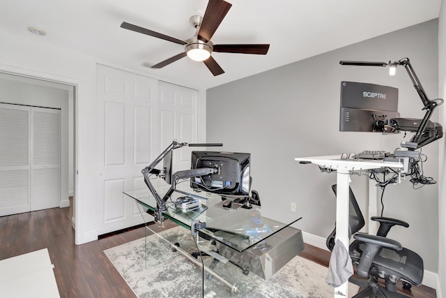 office area featuring ceiling fan, baseboards, and wood finished floors